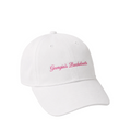 A white baseball cap with 'Georgia's Bachelorette' embroidered in pink script on the front, shown against a light gray background.